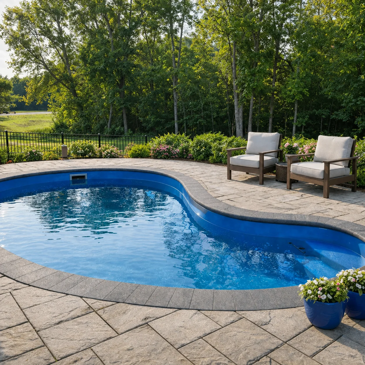 Custom fiberglass pool with surrounding paver patio installed by Bollman Landscape in the Piedmont Triad